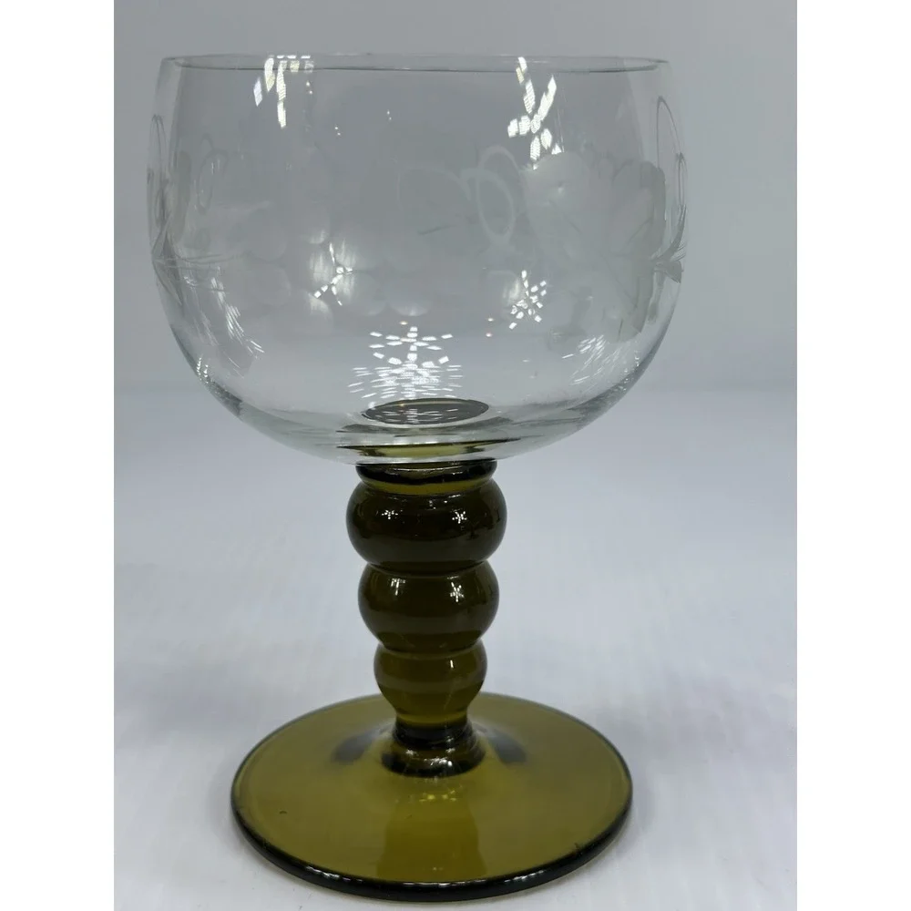 7 VTG Roemer Goblet Glasses Avocado Green Stem Etched Grapevine 2 Big 5 Smaller‎